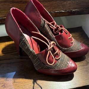 Qupid Red and Brown Lace-Up Heels